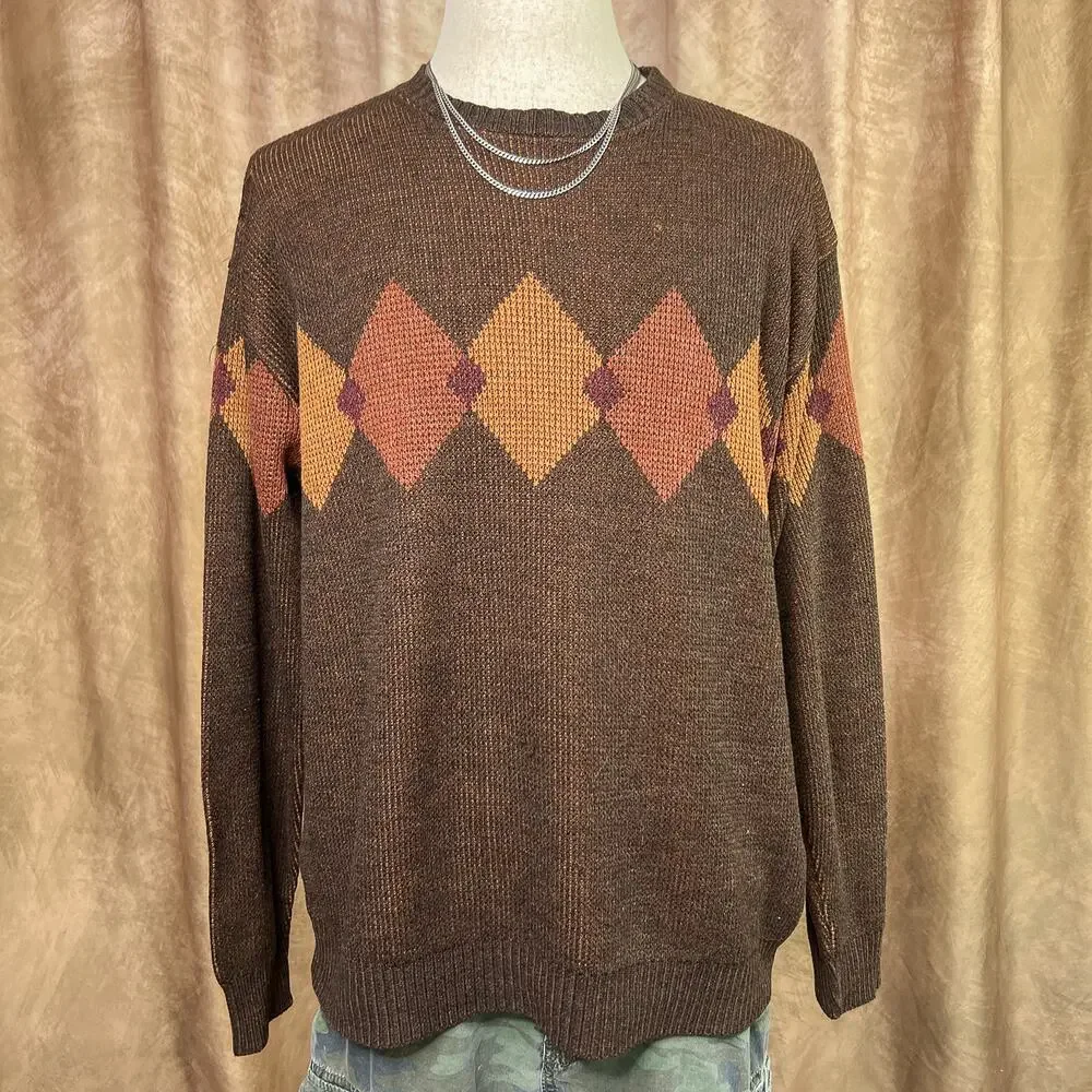 Vintage 90s Argyle Sweater Diamond Knit Brown Academia Cabincore Lodge Preppy